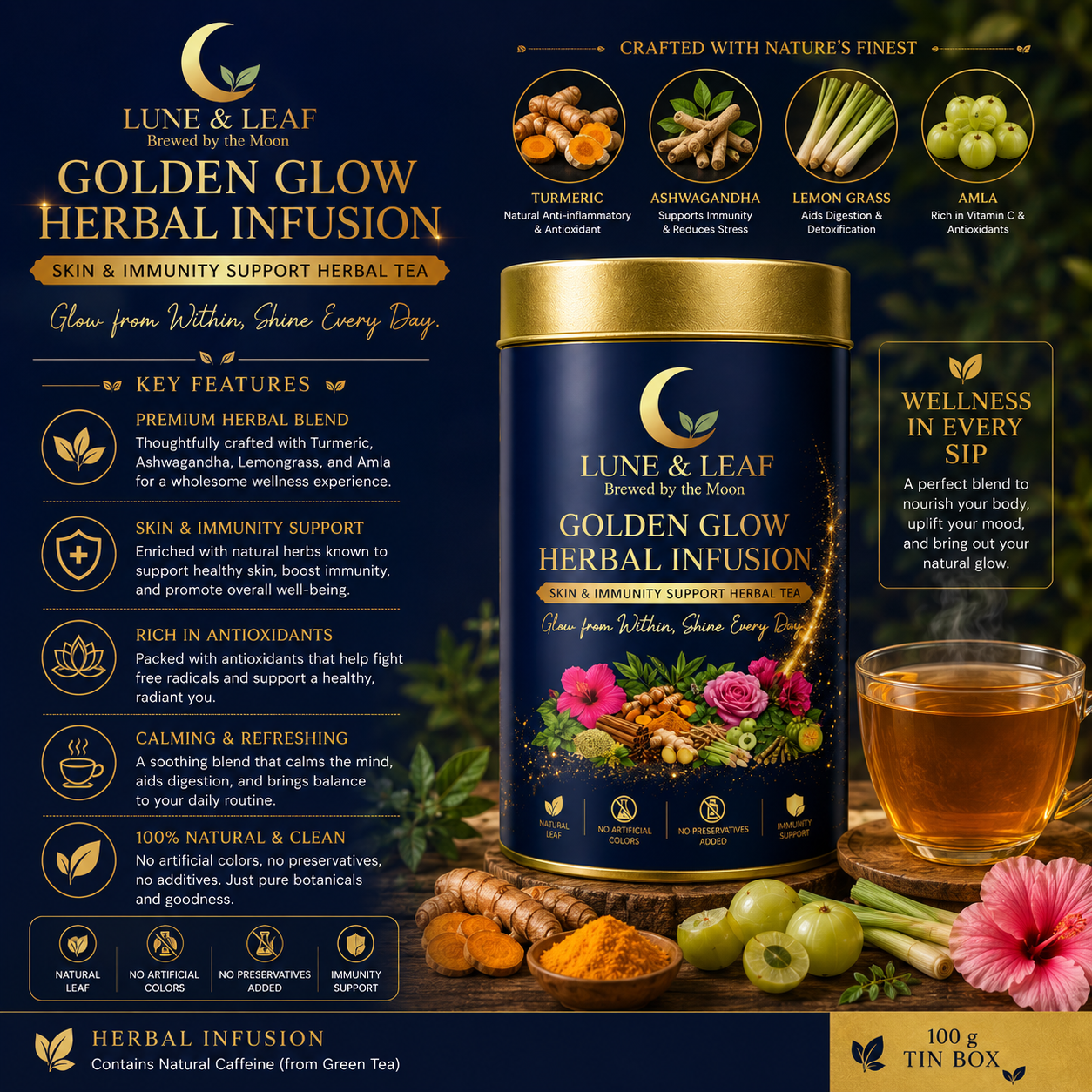 Lune & Leaf Skin & Immunity Support Herbal Tea | Golden Glow Herbal Tea | Termeric, Ashwagantha,Lemon grass, Amla | Tin Box  50g |