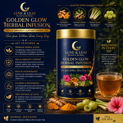 Lune & Leaf Skin & Immunity Support Herbal Tea | Golden Glow Herbal Tea | Termeric, Ashwagantha,Lemon grass, Amla | Tin Box  50g |