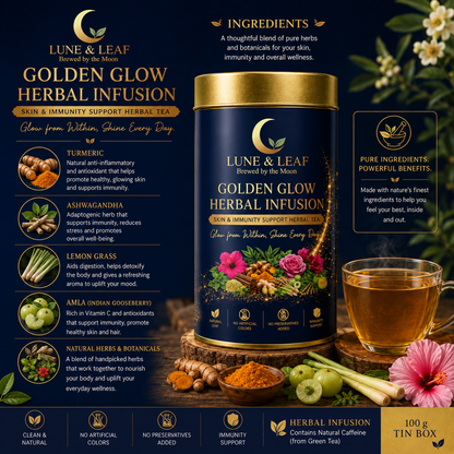 Lune & Leaf Skin & Immunity Support Herbal Tea | Golden Glow Herbal Tea | Termeric, Ashwagantha,Lemon grass, Amla | Tin Box  50g |