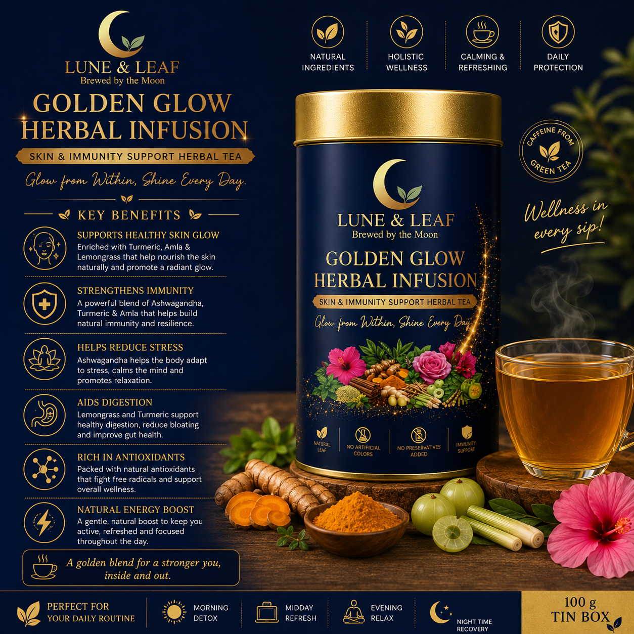 Lune & Leaf Skin & Immunity Support Herbal Tea | Golden Glow Herbal Tea | Termeric, Ashwagantha,Lemon grass, Amla | Tin Box  50g |