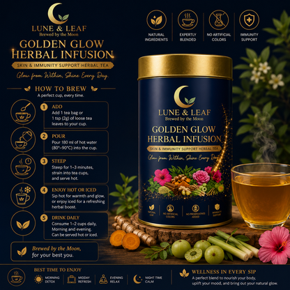 Lune & Leaf Skin & Immunity Support Herbal Tea | Golden Glow Herbal Tea | Termeric, Ashwagantha,Lemon grass, Amla | Tin Box  50g |