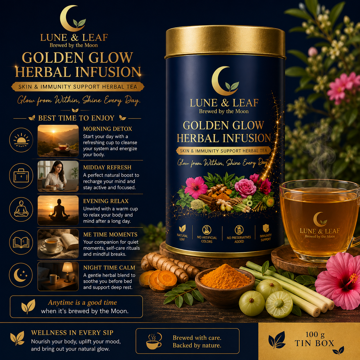 Lune & Leaf Skin & Immunity Support Herbal Tea | Golden Glow Herbal Tea | Termeric, Ashwagantha,Lemon grass, Amla | Tin Box  50g |