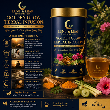 Lune & Leaf Skin & Immunity Support Herbal Tea | Golden Glow Herbal Tea | Termeric, Ashwagantha,Lemon grass, Amla | Tin Box  50g |