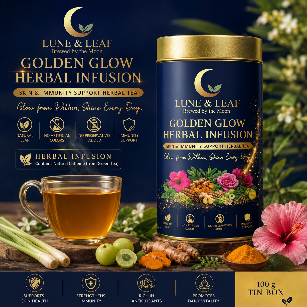 Lune & Leaf Skin & Immunity Support Herbal Tea | Golden Glow Herbal Tea | Termeric, Ashwagantha,Lemon grass, Amla | Tin Box  50g |