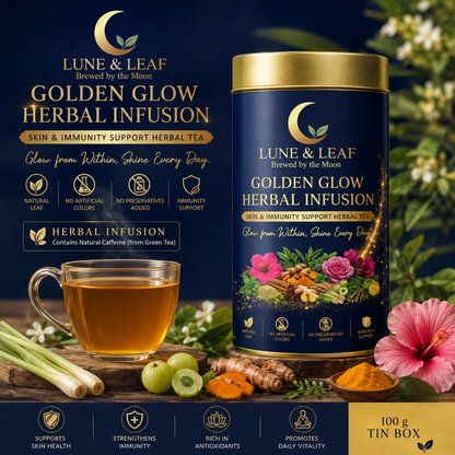 Lune & Leaf Skin & Immunity Support Herbal Tea | Golden Glow Herbal Tea | Termeric, Ashwagantha,Lemon grass, Amla | Tin Box  50g |