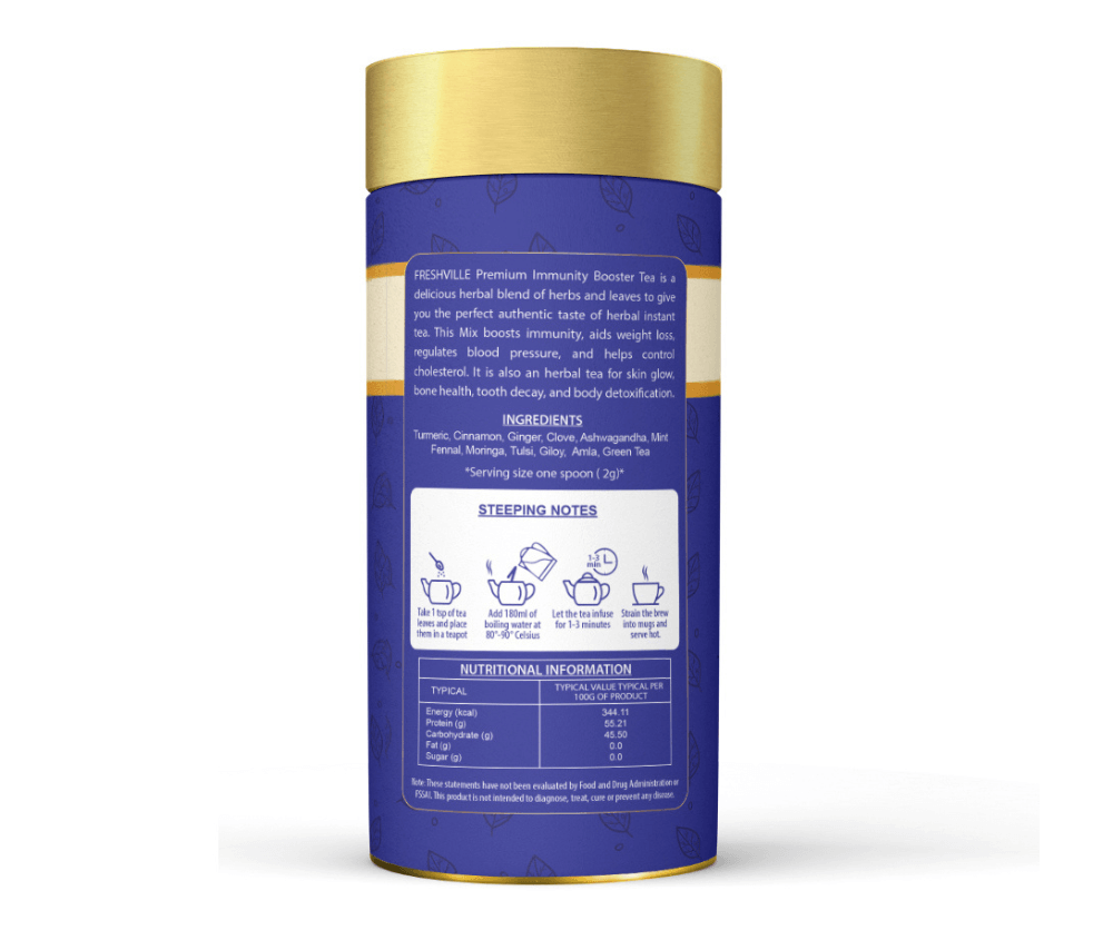Freshville Immunity Tea - Immunity Booster Tea With Herbs Turmeric, Cinnamon, Ginger, Clove, Ashwagandha, Mintfennel, Moringa, Tulsi, Giloy, Amla, Green Tea, 100gm