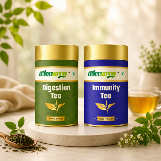 Freshville Digestion Tea & Immunity Tea Combo | Herbal Wellness Tea Duo | Supports Digestive & Immune Wellness | Green Tea & Herbal Blend | Loose Leaf Tea