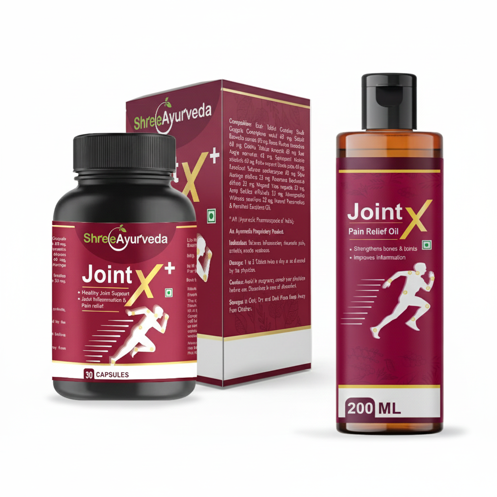 மூட்டு இயக்கம் மற்றும் ஆரோக்கிய ஆதரவுக்கான JointX எண்ணெய் & காப்ஸ்யூல் காம்போ - 2 பேக் (200 மில்லி எண்ணெய் + 30 காப்ஸ்யூல்கள்) - முழங்கால்கள், முதுகு, தோள்கள் மற்றும் கணுக்கால்களுக்கான இயற்கை வலி நிவாரணம் & நெகிழ்வுத்தன்மை ஃபார்முலா