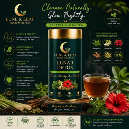 Lune & Leaf Cleanse & Slim Herbal Tea | Lunar Detox | Peppermint, Lemongrass, Hibiscus, Cardamom | Tin box 50g |