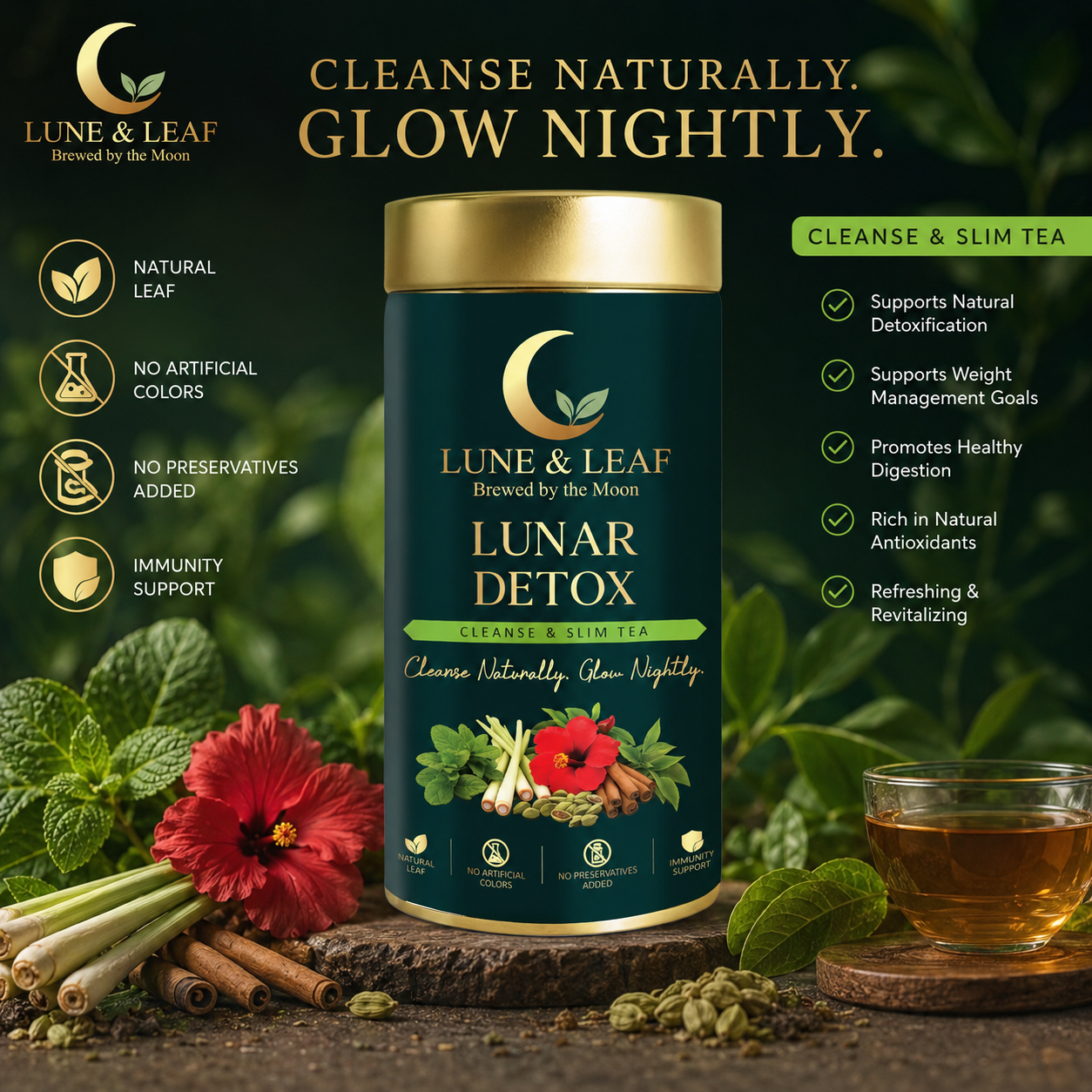 Lune & Leaf Cleanse & Slim Herbal Tea | Lunar Detox | Peppermint, Lemongrass, Hibiscus, Cardamom | Tin box 50g |