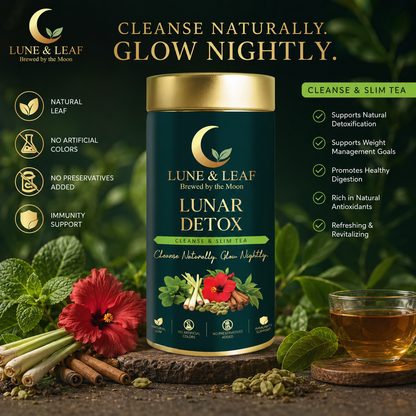 Lune & Leaf Cleanse & Slim Herbal Tea | Lunar Detox | Peppermint, Lemongrass, Hibiscus, Cardamom | Tin box 50g |