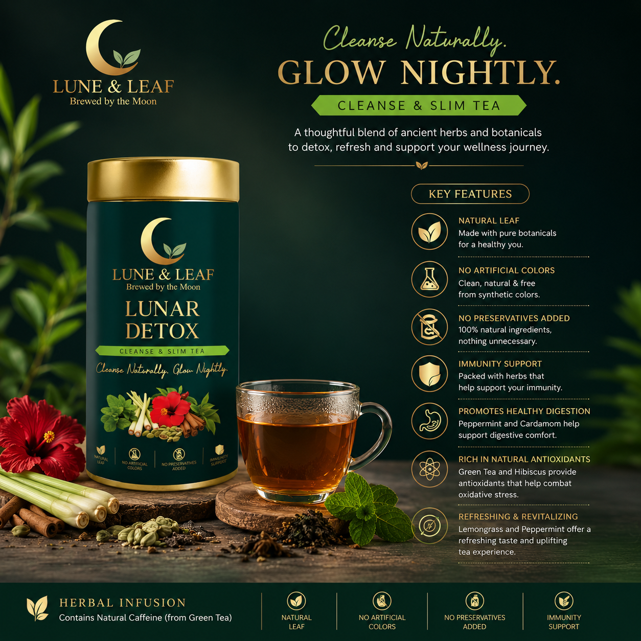 Lune & Leaf Cleanse & Slim Herbal Tea | Lunar Detox | Peppermint, Lemongrass, Hibiscus, Cardamom | Tin box 50g |