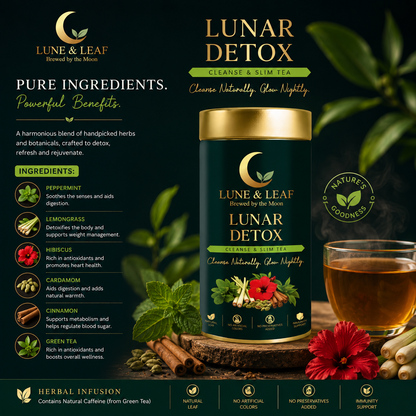 Lune & Leaf Cleanse & Slim Herbal Tea | Lunar Detox | Peppermint, Lemongrass, Hibiscus, Cardamom | Tin box 50g |