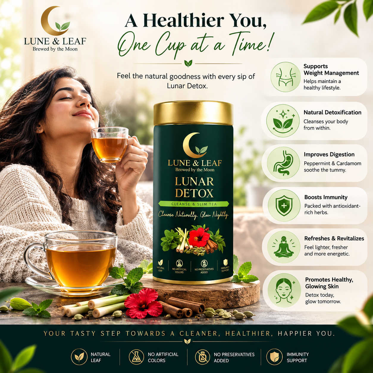 Lune & Leaf Cleanse & Slim Herbal Tea | Lunar Detox | Peppermint, Lemongrass, Hibiscus, Cardamom | Tin box 50g |
