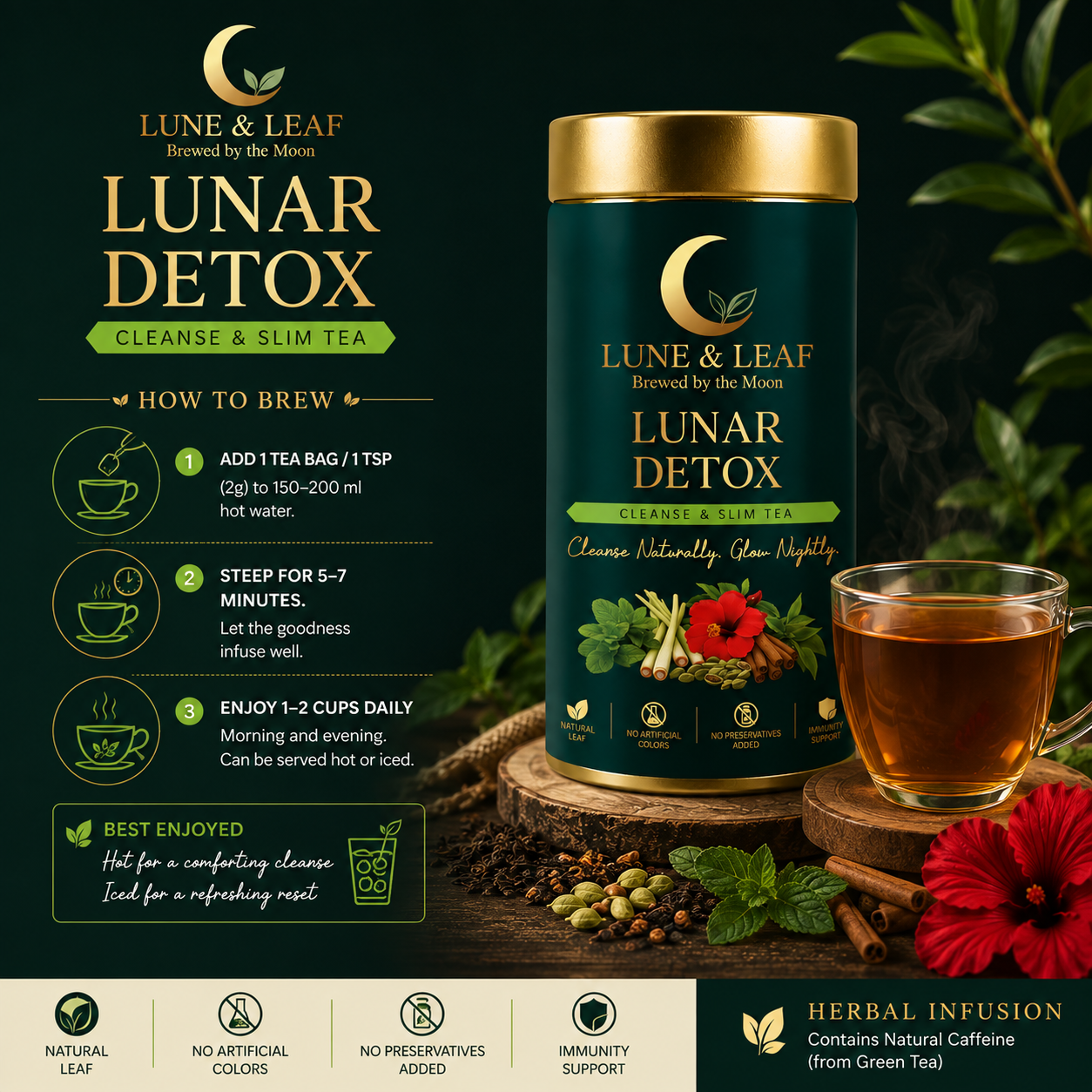 Lune & Leaf Cleanse & Slim Herbal Tea | Lunar Detox | Peppermint, Lemongrass, Hibiscus, Cardamom | Tin box 50g |