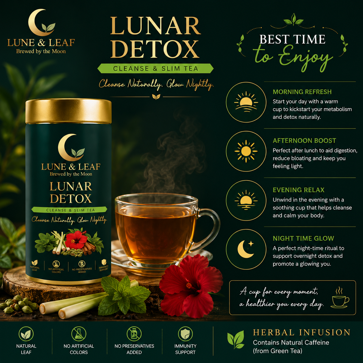 Lune & Leaf Cleanse & Slim Herbal Tea | Lunar Detox | Peppermint, Lemongrass, Hibiscus, Cardamom | Tin box 50g |