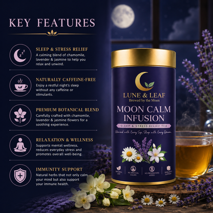 Lune & Leaf Sleep & Stress Relief Herbal Tea | Moon Calm Infusion | Chamomile Flowers, Lavender Flowers, Jasmine Flowers | Tin Box 50g |