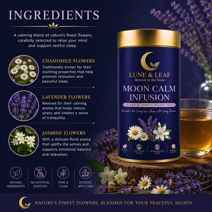 Lune & Leaf Sleep & Stress Relief Herbal Tea | Moon Calm Infusion | Chamomile Flowers, Lavender Flowers, Jasmine Flowers | Tin Box 50g |