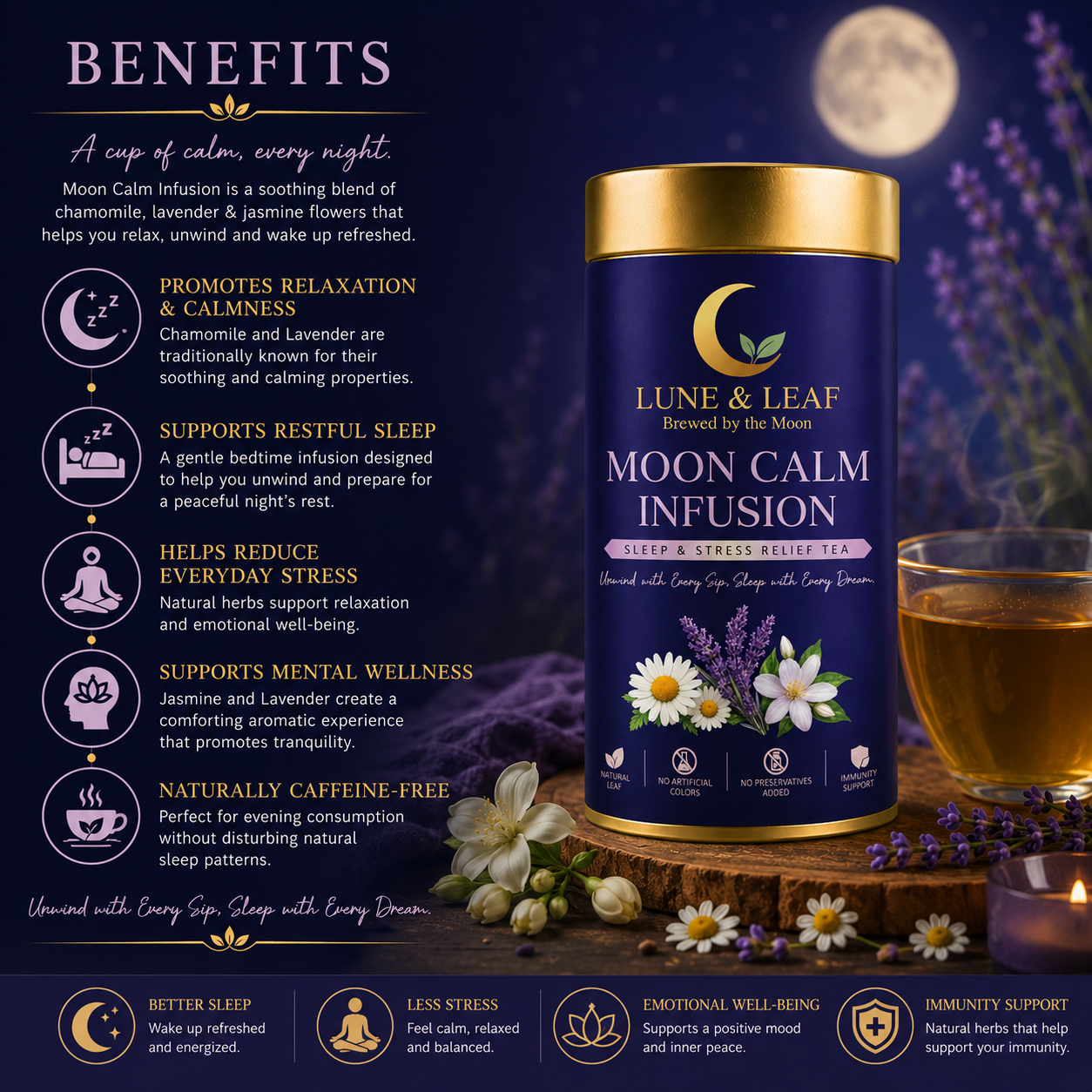 Lune & Leaf Sleep & Stress Relief Herbal Tea | Moon Calm Infusion | Chamomile Flowers, Lavender Flowers, Jasmine Flowers | Tin Box 50g |