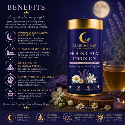 Lune & Leaf Sleep & Stress Relief Herbal Tea | Moon Calm Infusion | Chamomile Flowers, Lavender Flowers, Jasmine Flowers | Tin Box 50g |