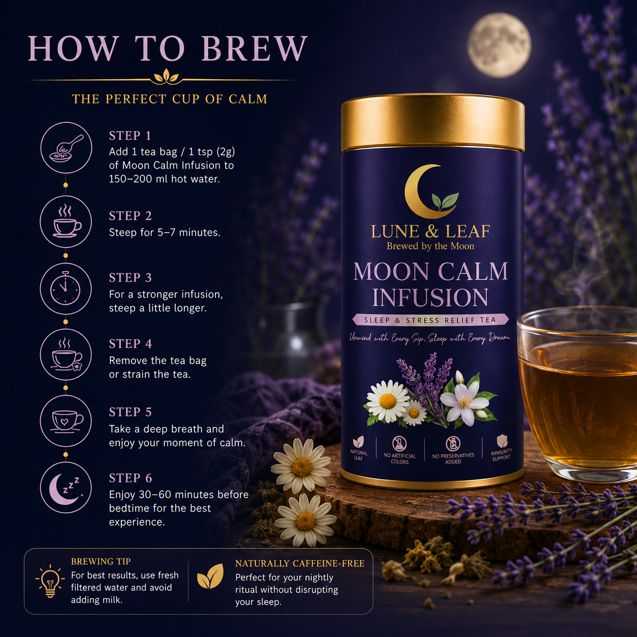 Lune & Leaf Sleep & Stress Relief Herbal Tea | Moon Calm Infusion | Chamomile Flowers, Lavender Flowers, Jasmine Flowers | Tin Box 50g |