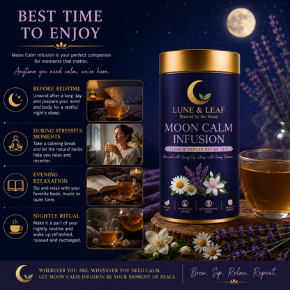 Lune & Leaf Sleep & Stress Relief Herbal Tea | Moon Calm Infusion | Chamomile Flowers, Lavender Flowers, Jasmine Flowers | Tin Box 50g |