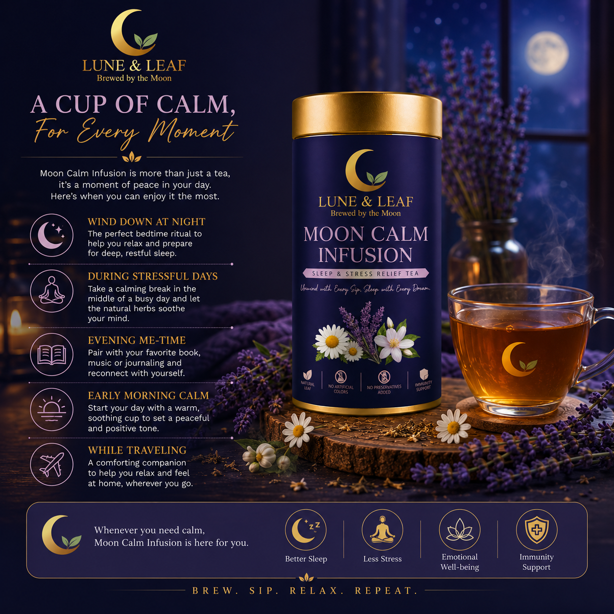 Lune & Leaf Sleep & Stress Relief Herbal Tea | Moon Calm Infusion | Chamomile Flowers, Lavender Flowers, Jasmine Flowers | Tin Box 50g |