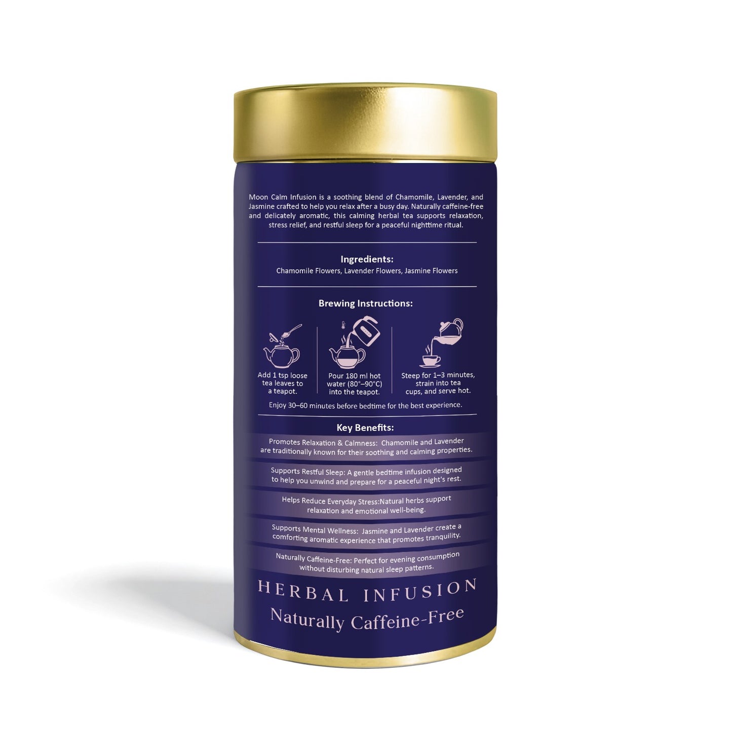 Lune & Leaf Sleep & Stress Relief Herbal Tea | Moon Calm Infusion | Chamomile Flowers, Lavender Flowers, Jasmine Flowers | Tin Box 50g |