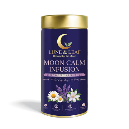 Lune & Leaf Sleep & Stress Relief Herbal Tea | Moon Calm Infusion | Chamomile Flowers, Lavender Flowers, Jasmine Flowers | Tin Box 100 g |
