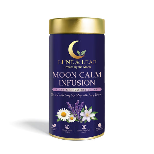 Lune & Leaf Sleep & Stress Relief Herbal Tea | Moon Calm Infusion | Chamomile Flowers, Lavender Flowers, Jasmine Flowers | Tin Box 100 g |