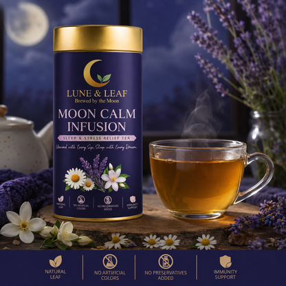 Lune & Leaf Sleep & Stress Relief Herbal Tea | Moon Calm Infusion | Chamomile Flowers, Lavender Flowers, Jasmine Flowers | Tin Box 50g |