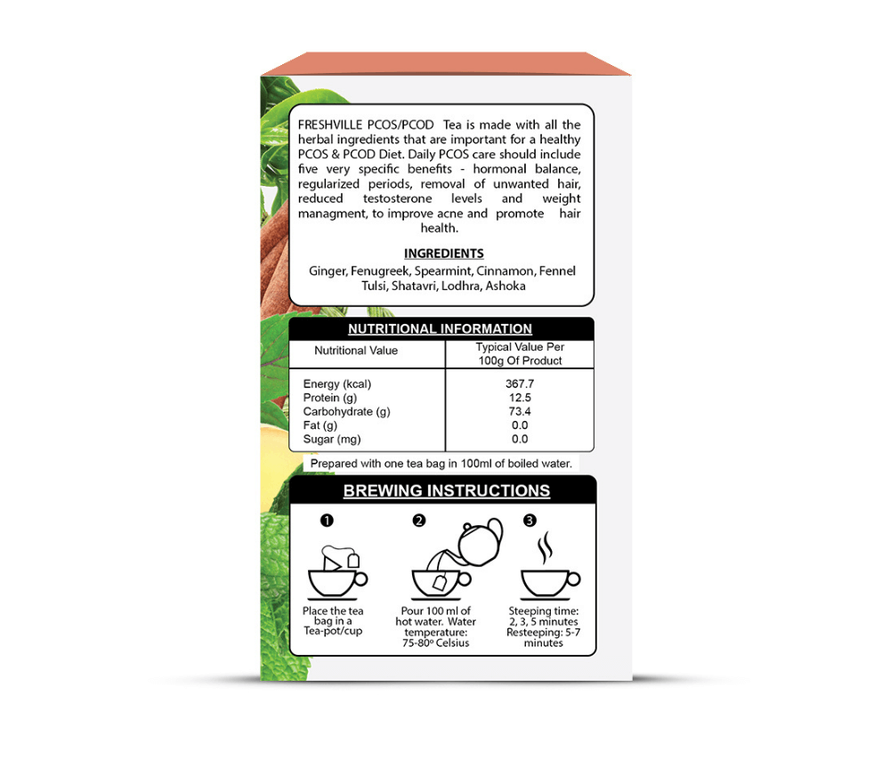 Freshville PCOS PCOD Tea Bag  | Pure & Natural | Helps In Hormonal Imbalance & Facial Hair & Acne | Caffeine Free | Ginger, Fenugreek, Spearmint, Cinnamon, Fennel, Tulsi, Lodhra, Ashoka Bag (15 bags)