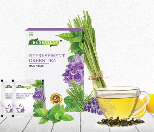Freshville Refreshment Green Tea Bag  | Pure & Natural | Skin Glow | Immunity Booster | Removes Toxins | Peppermint, Lemon, Lemongrass, Lavender, Green Tea Bag (15 bags)