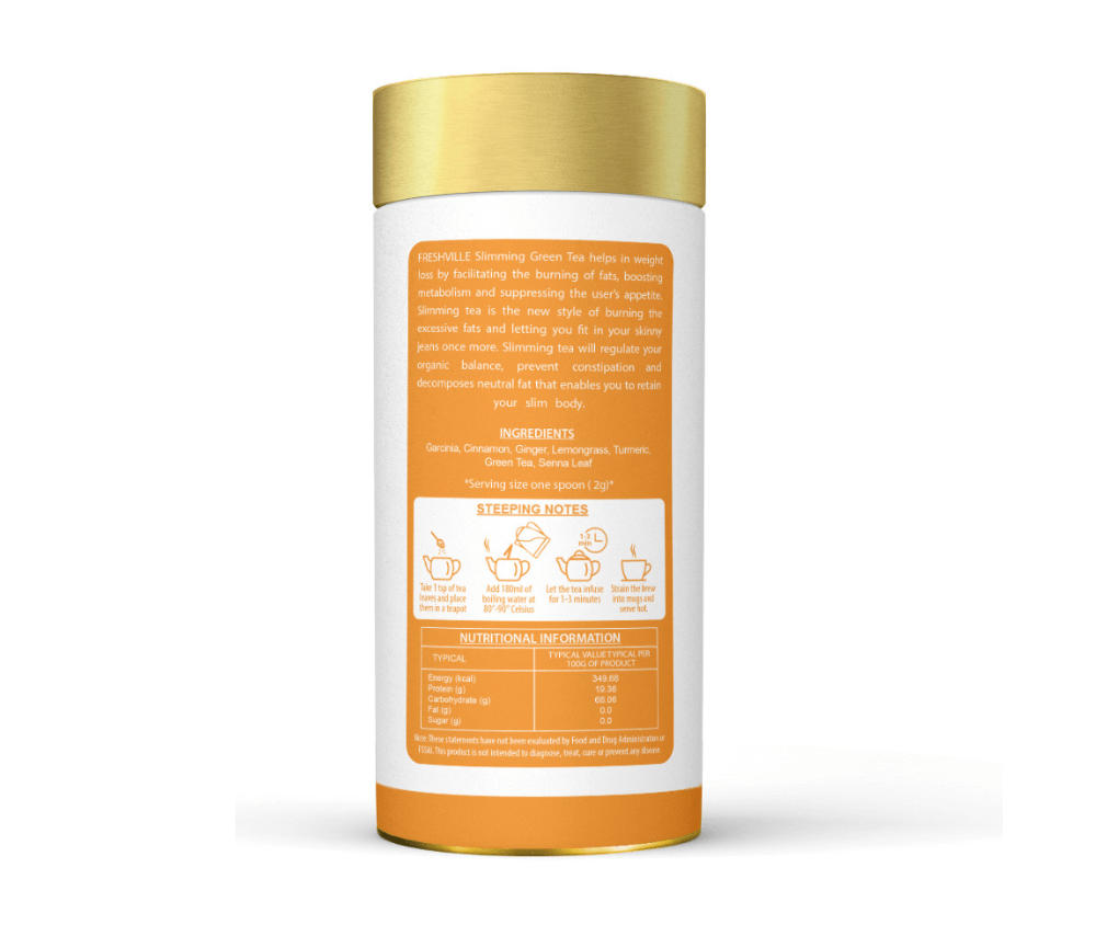 Freshville Slimming Green Tea | Burn Fat Easily with Herbs Garcinia, Cinnamon, Ginger, Lemongrass, Turmeric, Green tea, Senna leaf , 100gm
