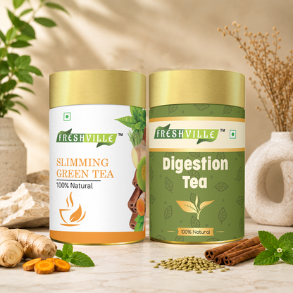 Freshville Slimming Tea & Digestion Tea Combo | Herbal Wellness Tea Pack | Supports Metabolism & Digestive Wellness | Naturally Caffeine-Free | Loose Leaf Tea | Daily Wellness Blend