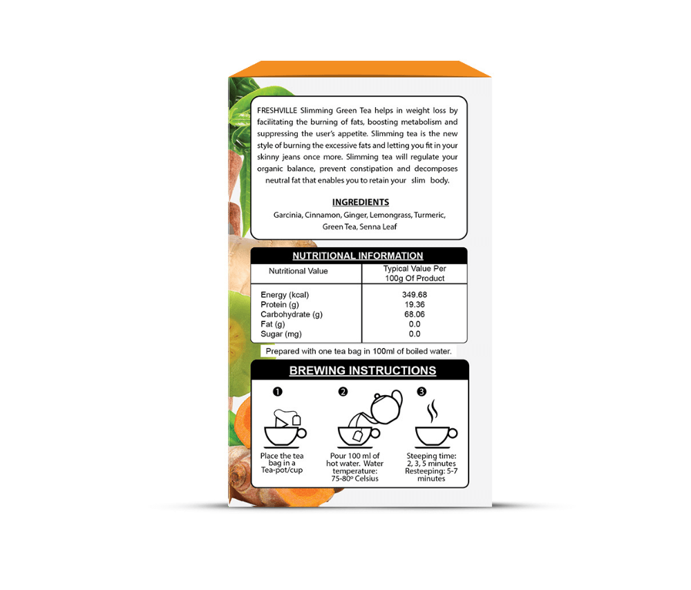 Freshville Slimming Green Tea Bag  | Pure & Natural | Tea for Weight Loss & Glowing Skin | Rich in Antioxidants | Purifying & Cleansing | Garcinia, Cinnamon, Ginger, Lemongrass, Turmeric, Green tea, Senna leaf Bag (15 bags)