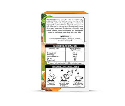 Freshville Slimming Green Tea Bag  | Pure & Natural | Tea for Weight Loss & Glowing Skin | Rich in Antioxidants | Purifying & Cleansing | Garcinia, Cinnamon, Ginger, Lemongrass, Turmeric, Green tea, Senna leaf Bag (15 bags)