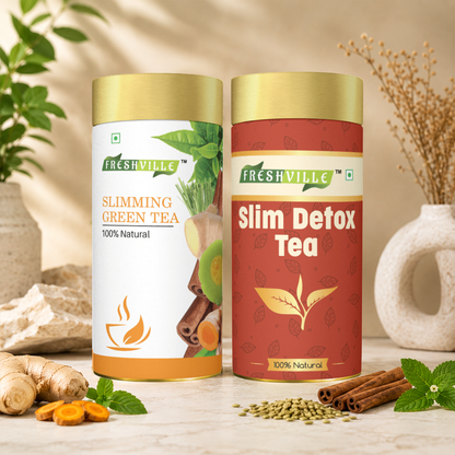 Freshville Slimming Tea & Slim Detox Tea Combo | Herbal Wellness Tea Duo | Supports Healthy Metabolism & Natural Body Cleansing | Green Tea & Herbal Blend | Loose Leaf Tea