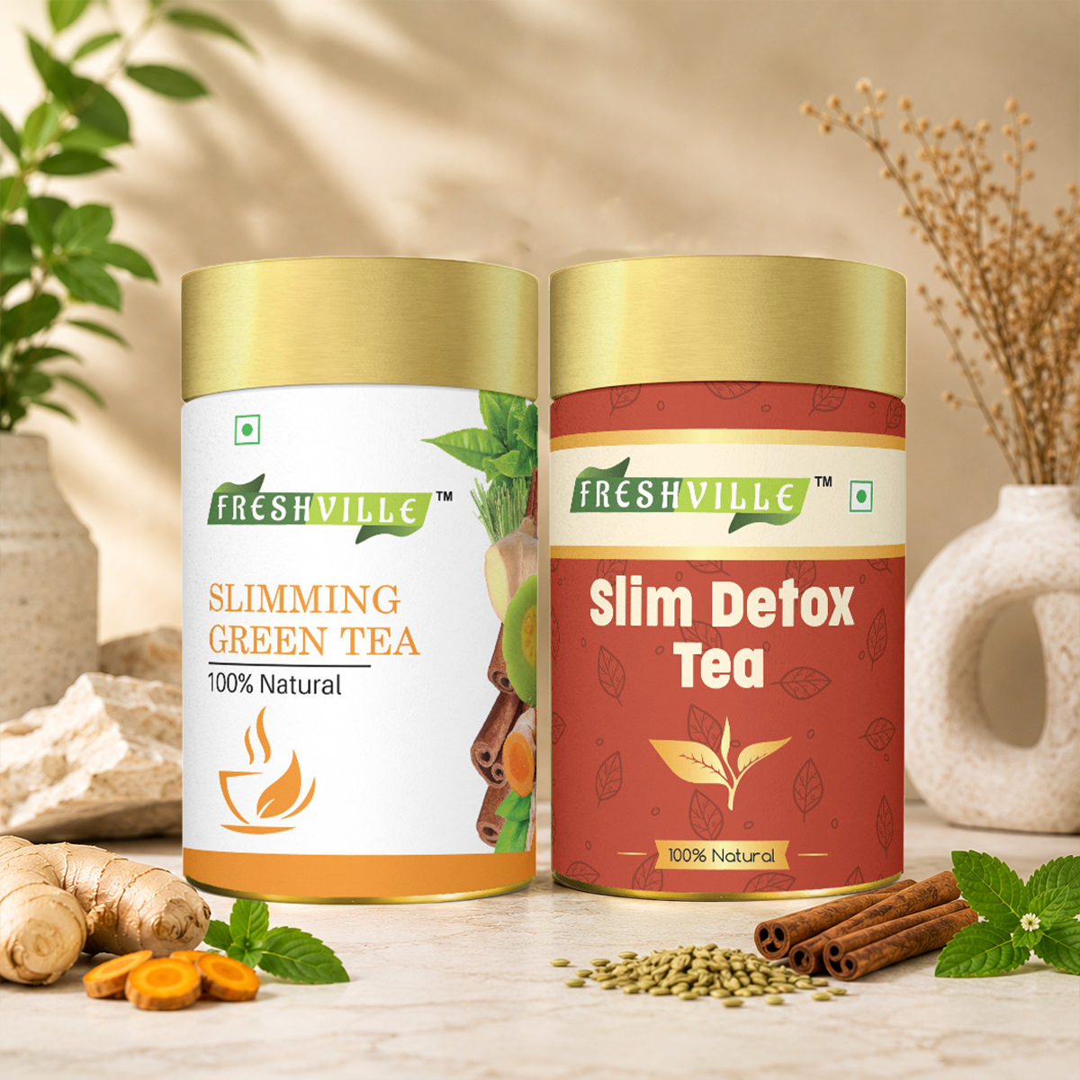 Freshville Slimming Tea & Slim Detox Tea Combo | Herbal Wellness Tea Duo | Supports Healthy Metabolism & Natural Body Cleansing | Green Tea & Herbal Blend | Loose Leaf Tea