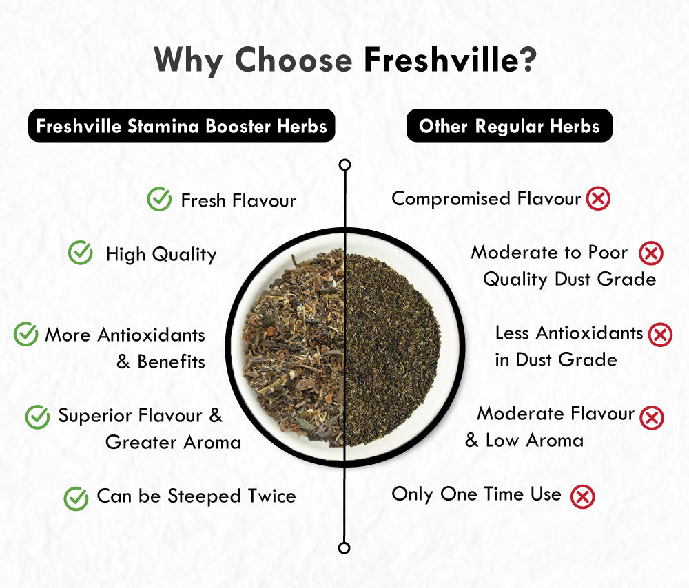 Freshville Stamina Booster Herbs | Pure & Natural |Elachi | Mulethi | Cinnamon | Nutmeg | Ashwagandha | Ginseng Root | Gokhru | Tulsi | Shatavari |Green Tea Tin
