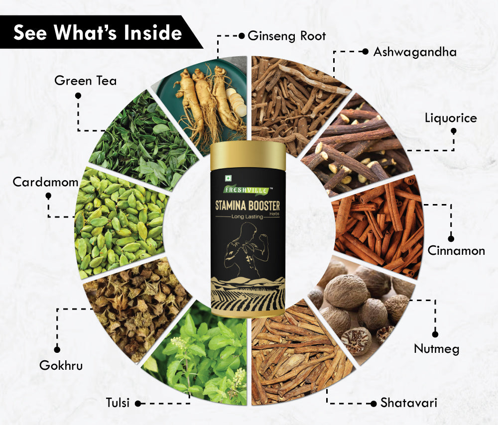 Freshville Stamina Booster Herbs | Pure & Natural |Elachi | Mulethi | Cinnamon | Nutmeg | Ashwagandha | Ginseng Root | Gokhru | Tulsi | Shatavari |Green Tea Tin