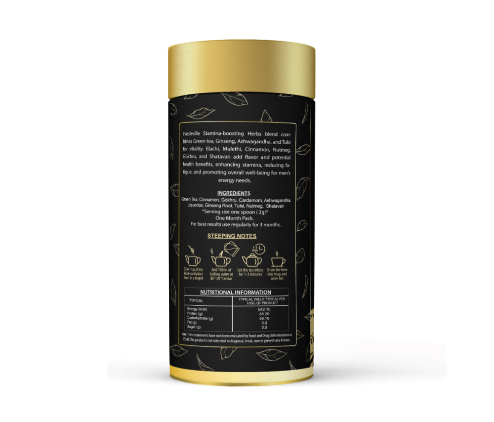 Freshville Stamina Booster Herbs | Pure & Natural |Elachi | Mulethi | Cinnamon | Nutmeg | Ashwagandha | Ginseng Root | Gokhru | Tulsi | Shatavari |Green Tea Tin